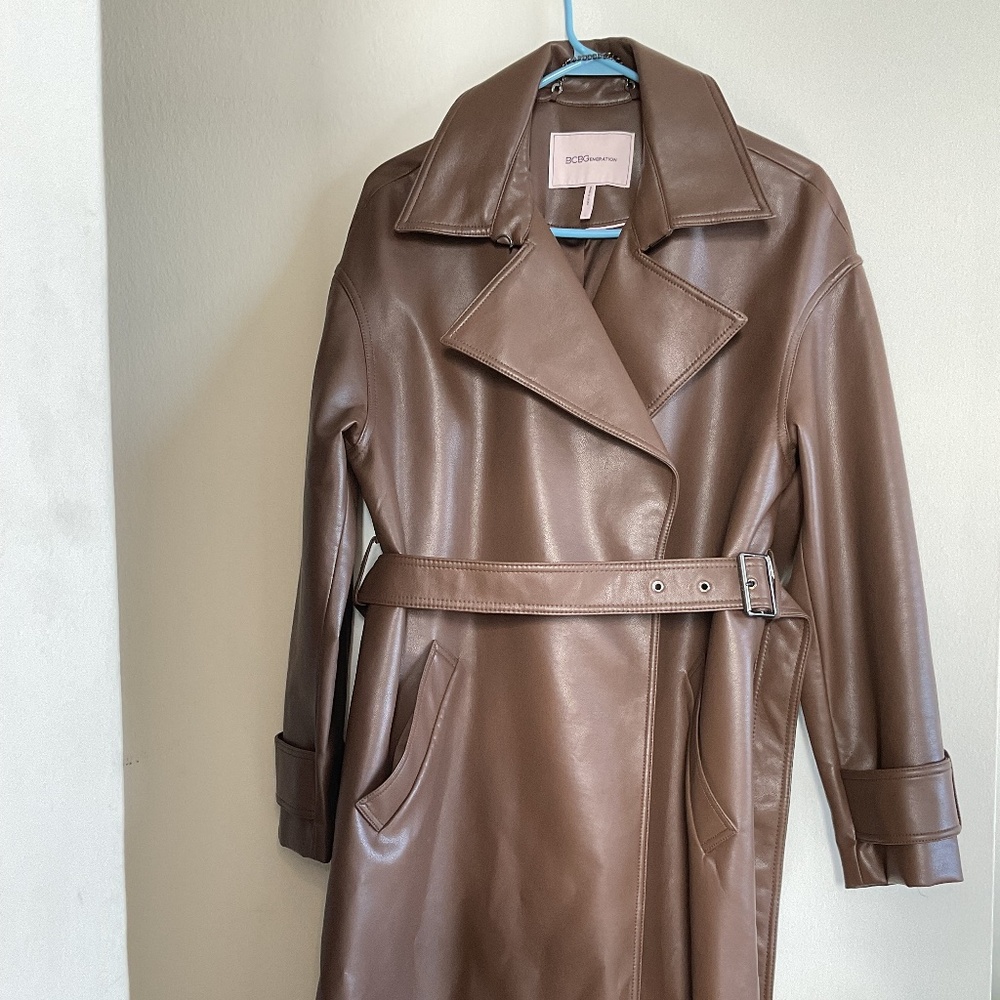 BCBG Faux Leather Trench in Dark Brown